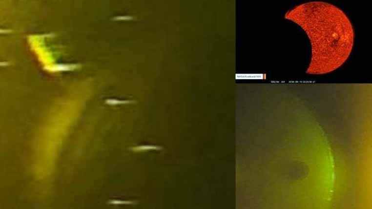 Doua fotografii realizate de Maria Gina Hill din Salem, iar cea situată în colțul din dreapta sus este una dintre imaginile NASA despre care s-a spus că este un tranzit lunar